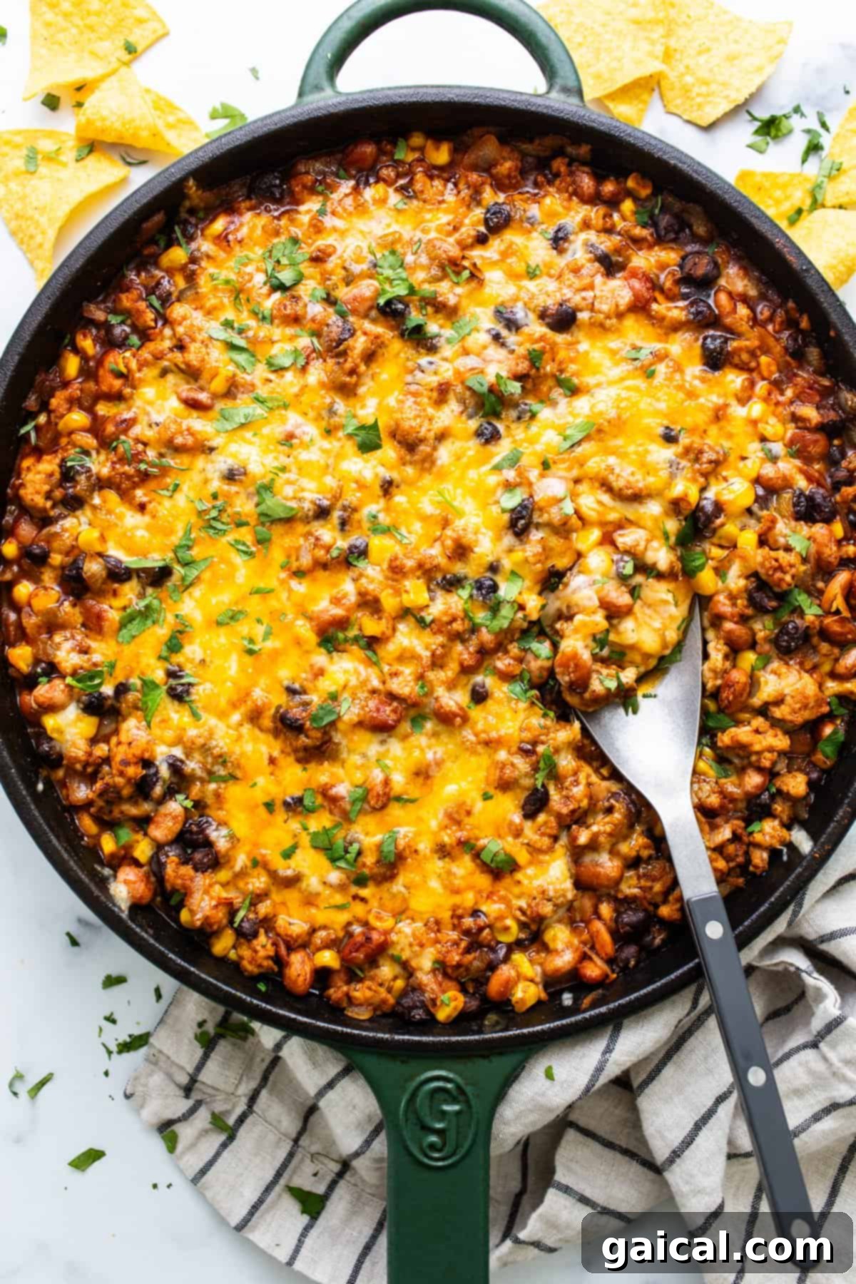 Vibrant Healthy Enchilada Dip 2 A skillet of baked cheesy chili with a side of tortilla chips, ready to be served.