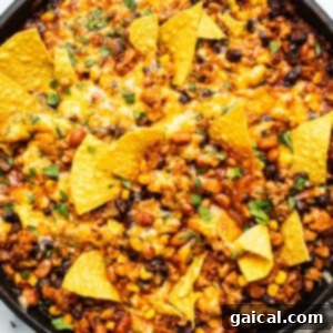 Vibrant Healthy Enchilada Dip 11 A skillet of baked nachos with melted cheese, ground meat, beans, and corn, garnished with crispy tortilla chips.