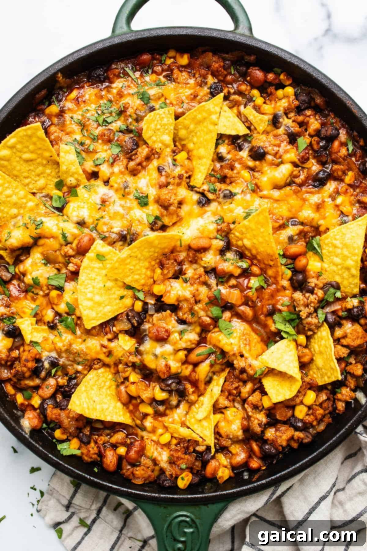 Vibrant Healthy Enchilada Dip 6 A skillet of baked nachos with melted cheese, ground meat, beans, and corn, garnished with crispy tortilla chips.