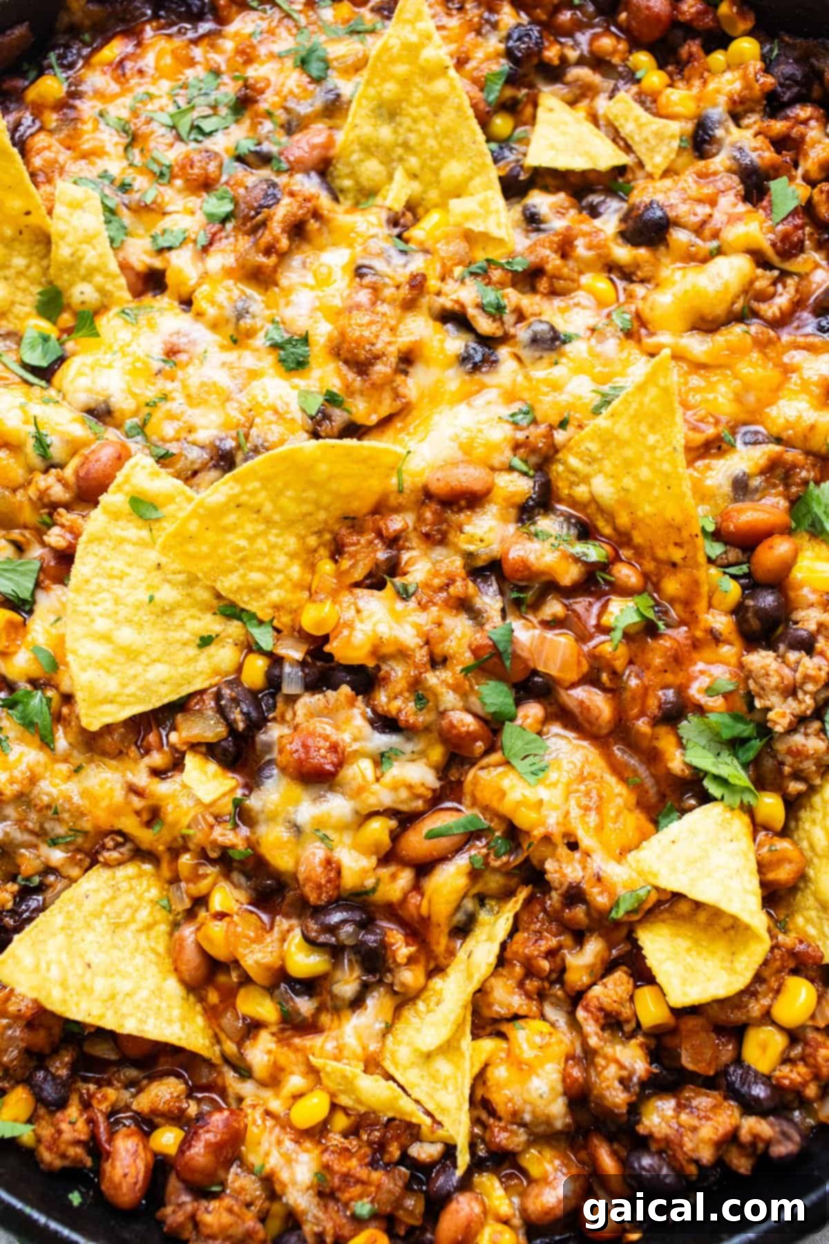 Vibrant Healthy Enchilada Dip 7 A skillet with nachos covered in melted cheese, ground meat, beans, corn, and garnished with fresh herbs, ready to be enjoyed.