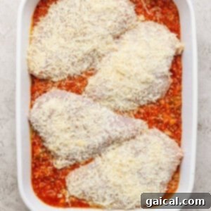 Four uncooked chicken breasts, generously covered in grated cheese and breading, are carefully arranged on top of a bubbling layer of rich tomato sauce and quinoa in a white baking dish, ready for further baking.