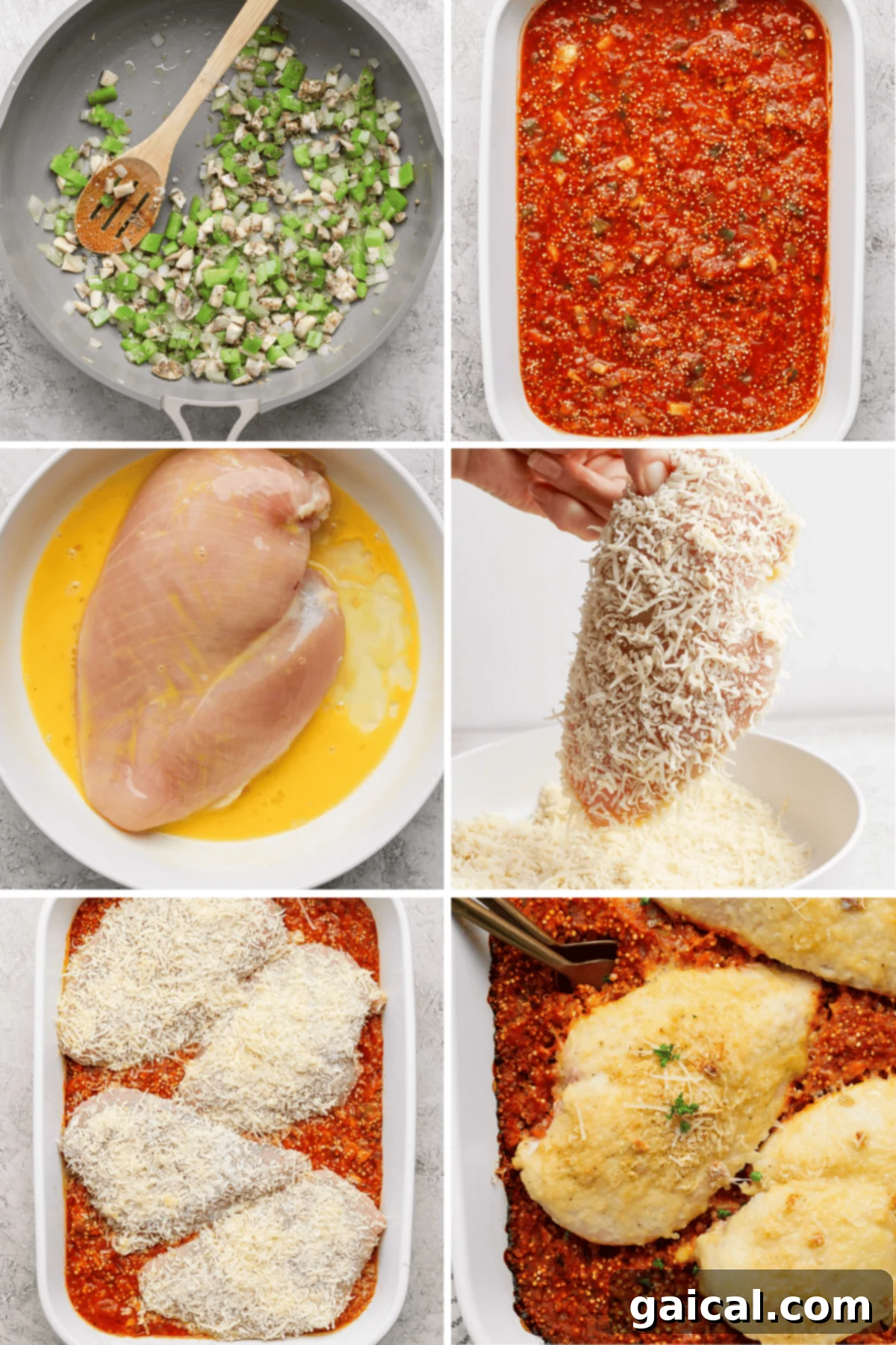 Parmesan Chicken Quinoa Bake 3 A visual guide showing the meticulous step-by-step process of preparing chicken Parmesan: from sautéing a colorful mix of vegetables, carefully layering a rich marinara sauce, to expertly coating chicken with an egg wash and parmesan breadcrumbs, arranging the components in a dish, and finally, the glorious golden-brown bake.