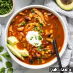 A bowl of chicken enchilada soup with avocado and sour cream.