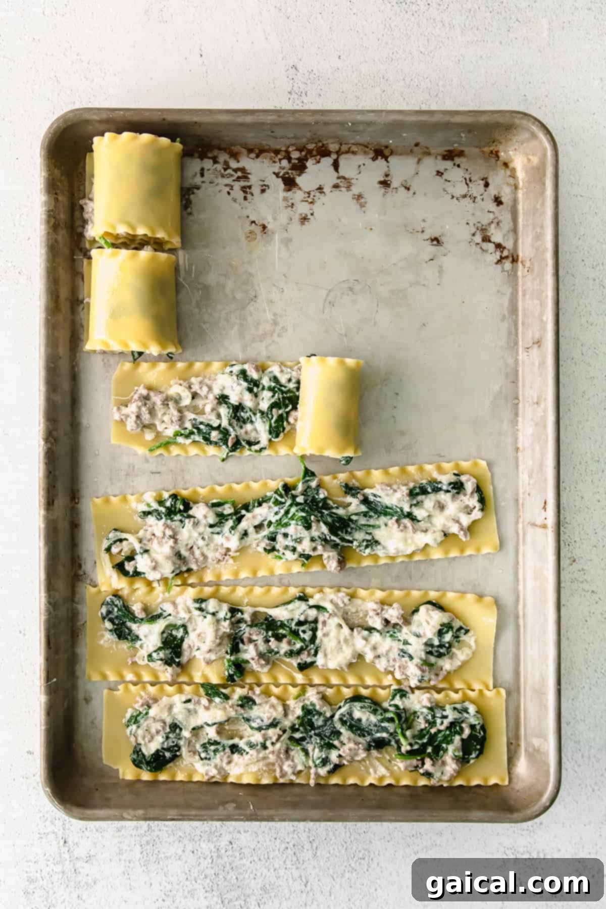 Lasagna Pinwheels 6 Cooked lasagna noodles laid flat on a baking sheet, glistening lightly with olive oil, perfectly prepared for filling and rolling.