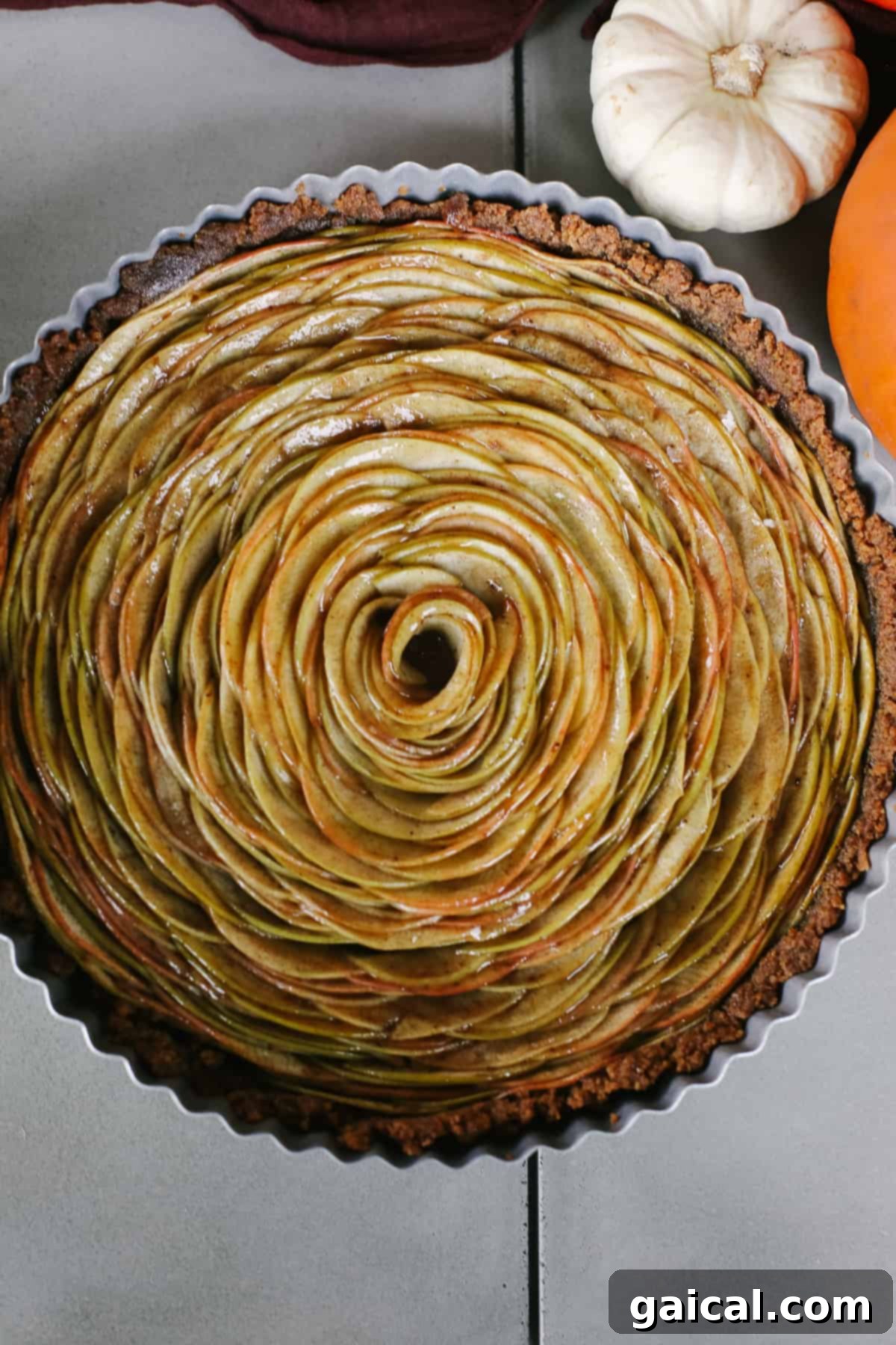 A beautifully crafted apple tart in a tart pan, featuring an elegant apple rose design and a golden-brown gingersnap crust.