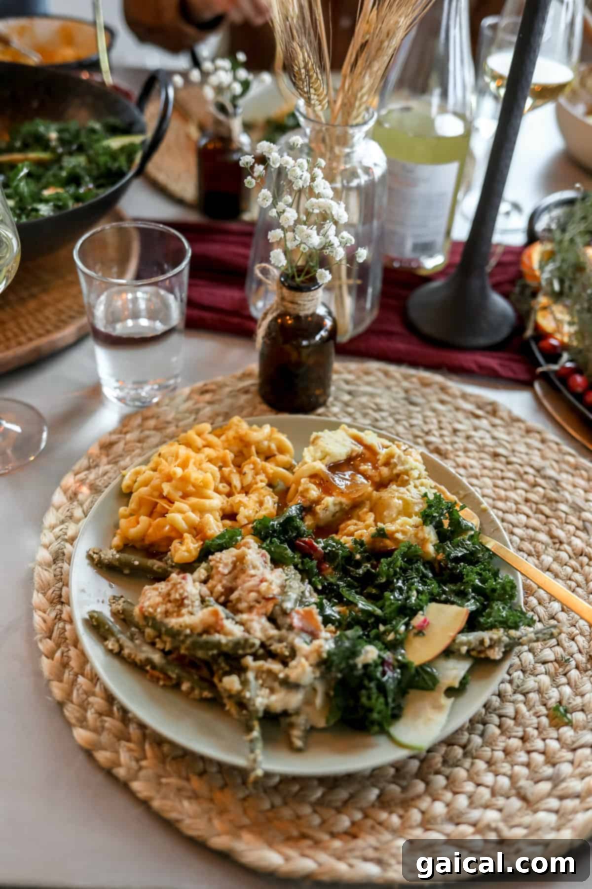 A perfectly plated Thanksgiving dinner featuring a slice of smoked turkey, mashed potatoes, green bean casserole, and cranberry sauce.