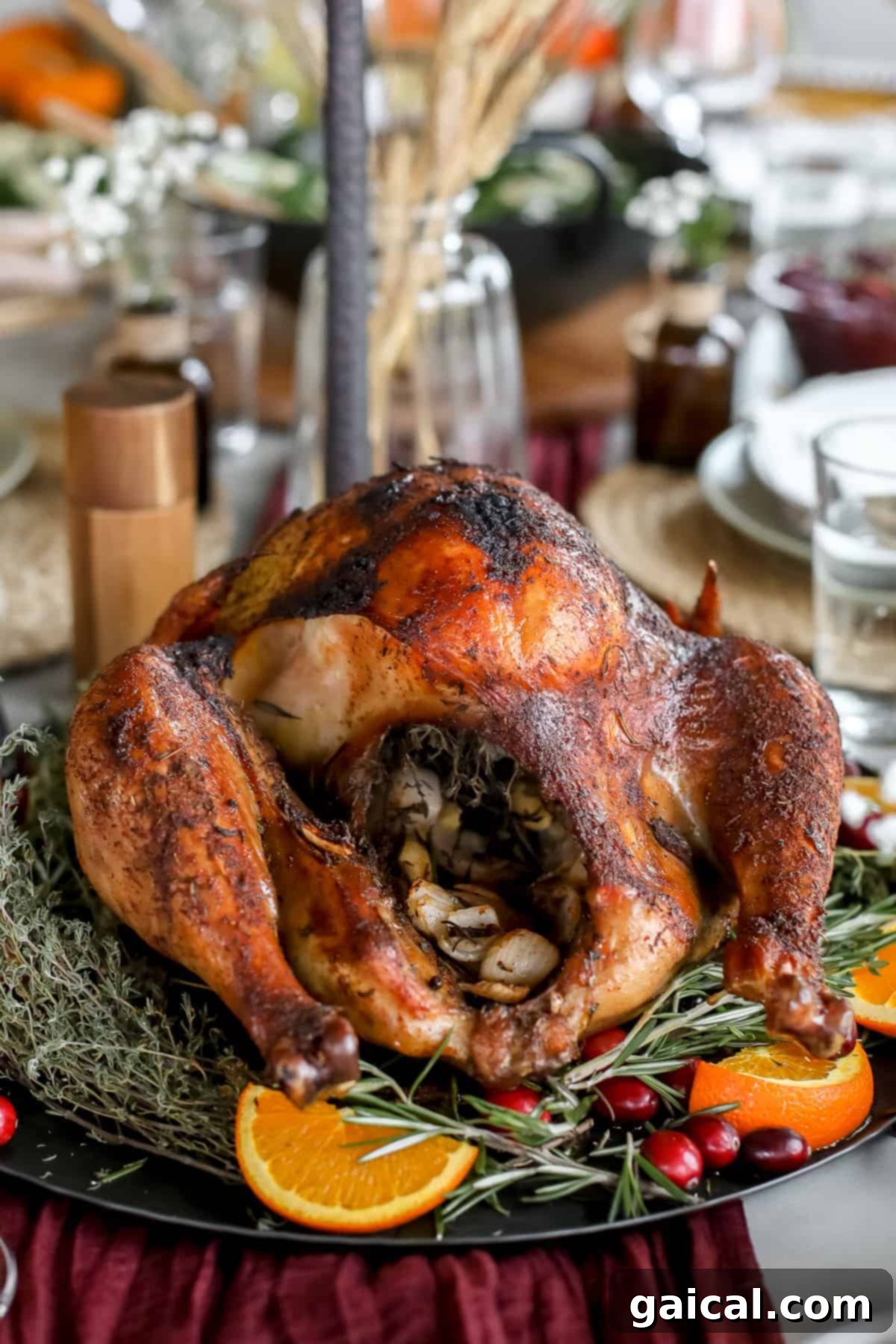 A majestic whole smoked turkey, beautifully garnished with orange slices, cranberries, and fresh herbs, ready for the Thanksgiving table.