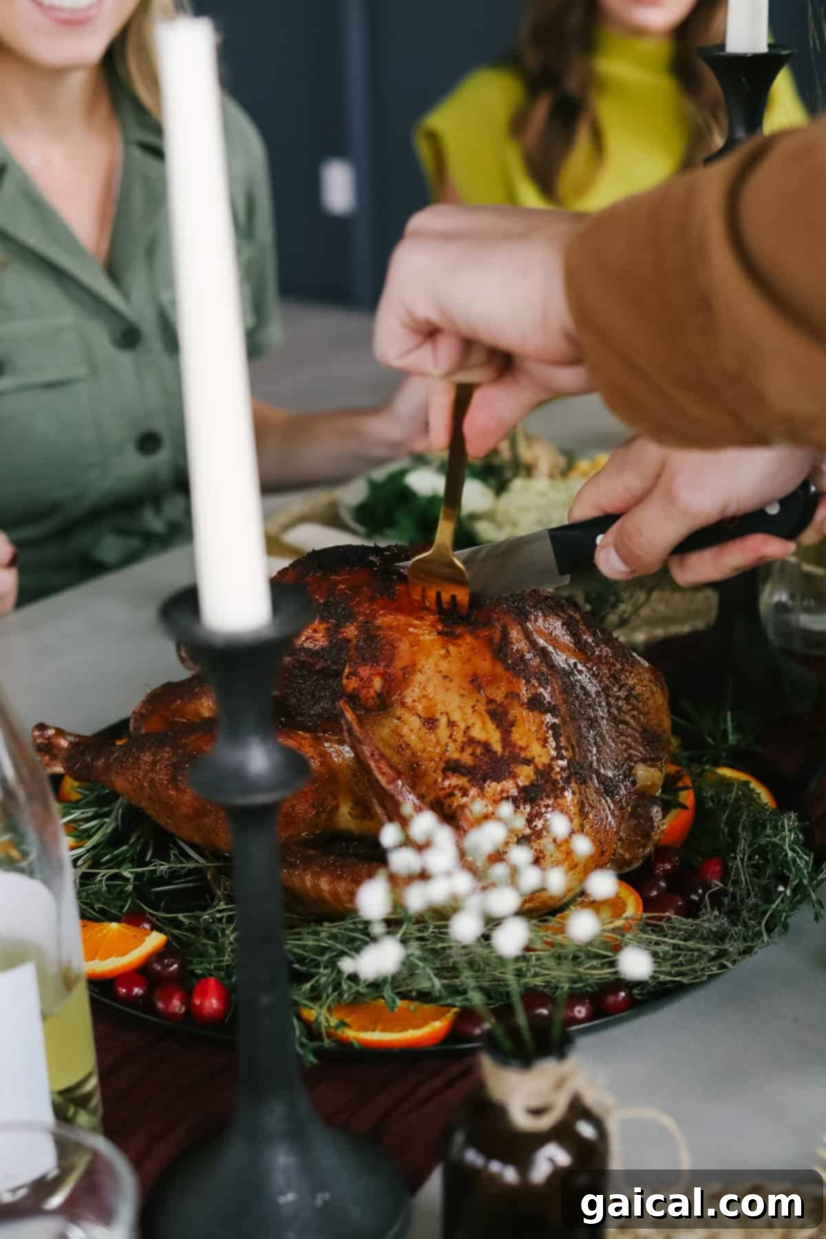 A skilled hand carving a perfectly cooked, golden-brown smoked turkey on a festive Thanksgiving table, showcasing its juicy interior.