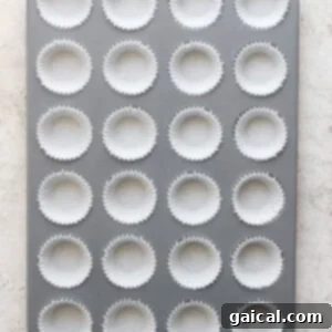 Salted Caramel Date Bites 4 A mini muffin tin lined with paper cupcake wrappers, perfectly arranged and ready for the next steps of the recipe preparation.