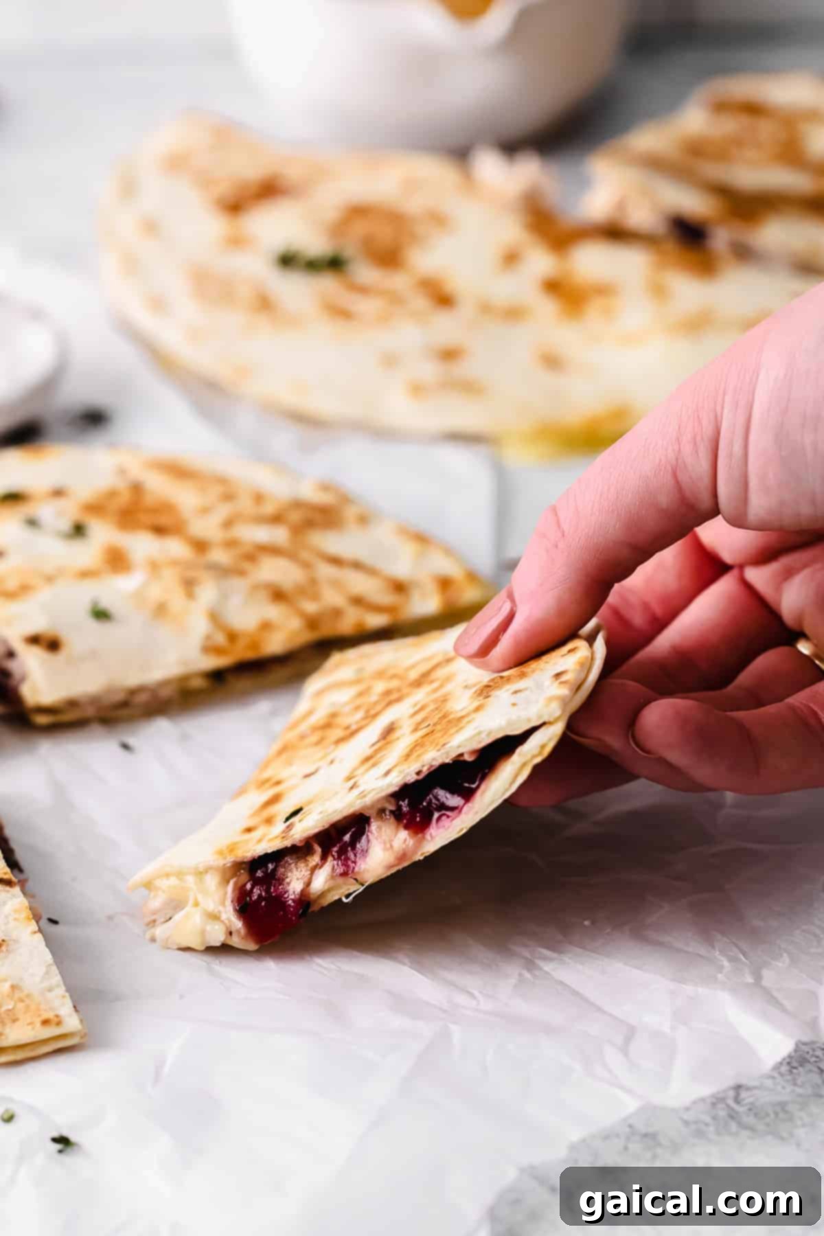 Elevate your Thanksgiving leftovers with this delicious Turkey Quesadilla, perfect for dipping in gravy! Leftover Thanksgiving Turkey Quesadilla held in hand, golden brown and cheesy