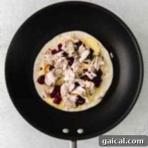 A Thanksgiving leftover quesadilla with turkey and cranberries cooking in a skillet.