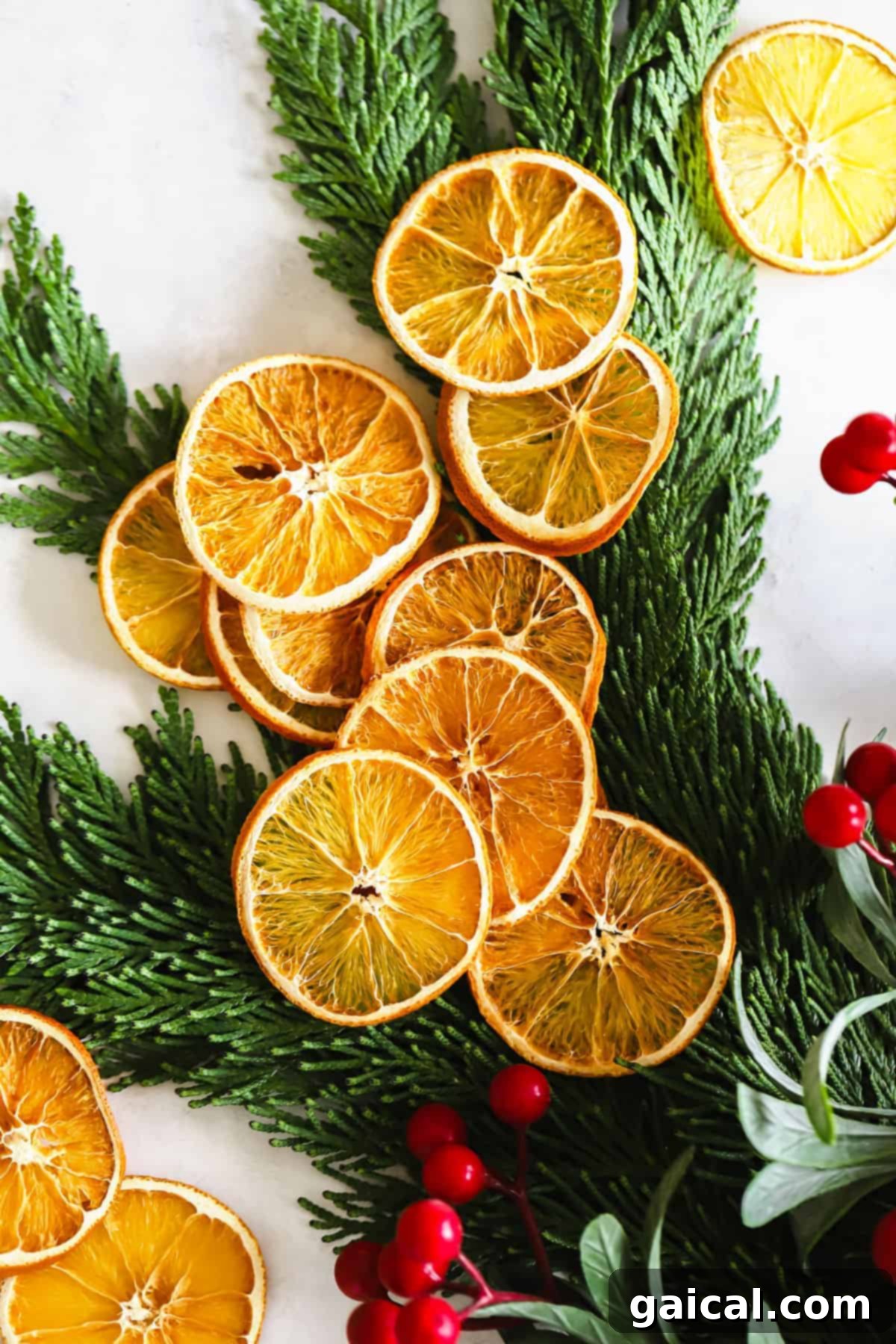 Dried orange garland is the perfect DIY holiday decor idea to add color and holiday cheer to any room in your home. Beautiful dried orange slices elegantly strung on a lush green holiday garland, adding a touch of natural color and festive cheer.