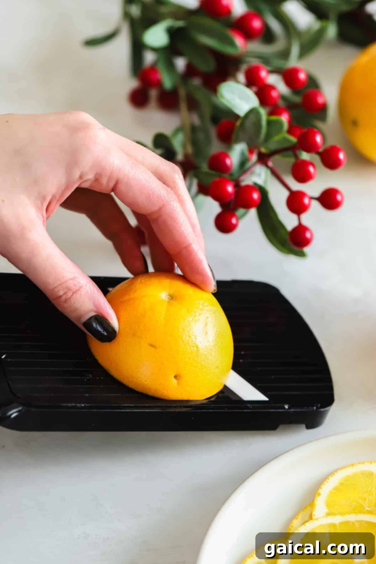 Dried orange garland is such a fun DIY holiday decoration that only requires 1 ingredient - oranges! Close-up of a hand using a mandoline slicer to create perfectly thin, even slices from a fresh orange.