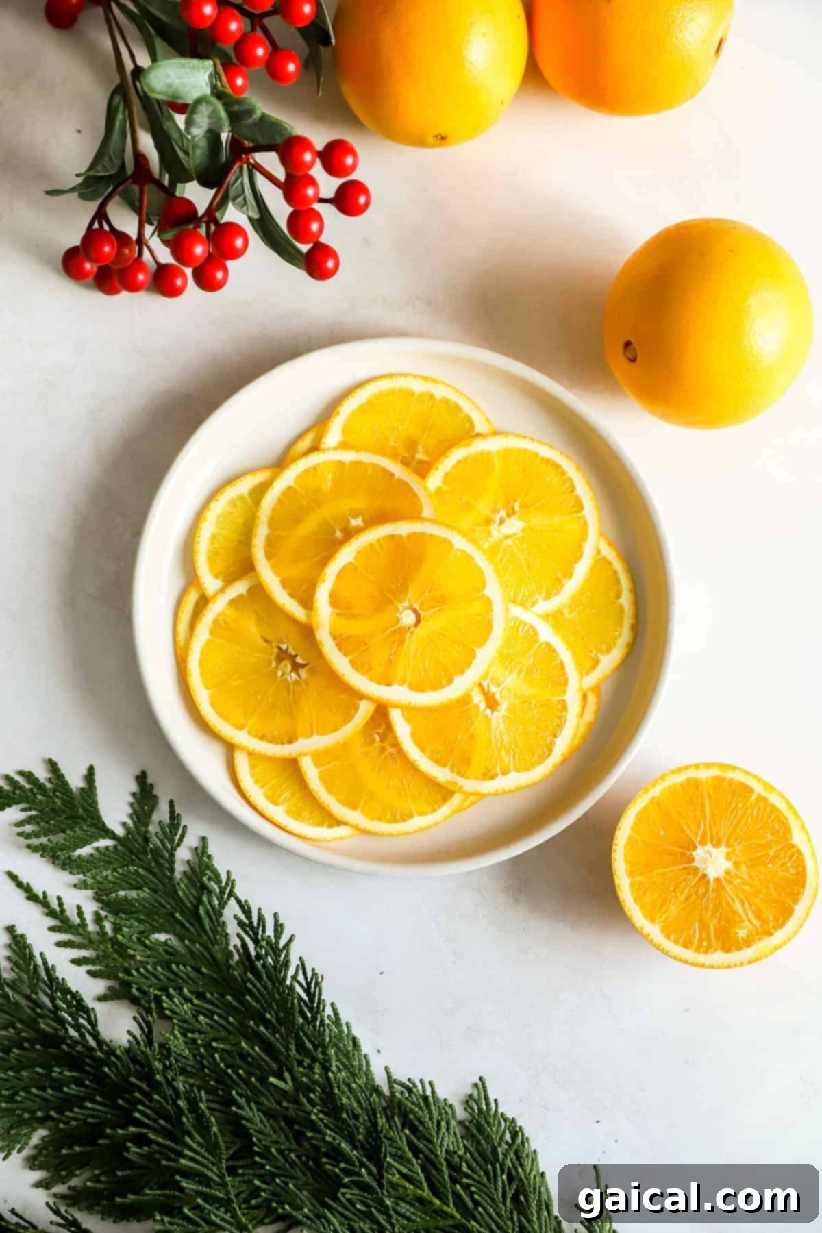 Dried orange garland is such a fun DIY holiday decoration that only requires 1 ingredient - oranges! A selection of freshly sliced oranges, perfectly even and ready for drying, demonstrating the ideal thickness for garland making.