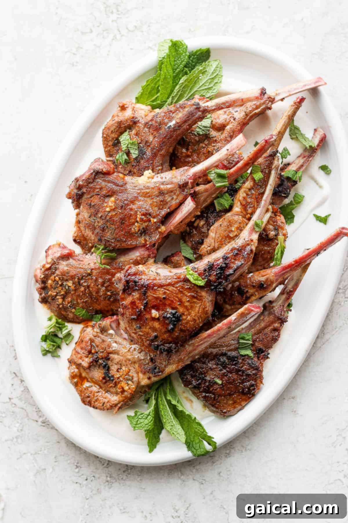 Delicious Pan-Seared Lamb Chops with Flavorful Aioli Sauce Perfectly pan seared lamb chops on a plate garnished with fresh mint, ready to be served with aioli.