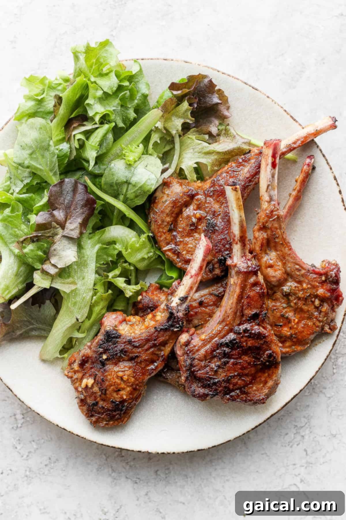 Complete Meal: Pan-Seared Lamb Chops with a Side Salad Pan seared lamb chops plated elegantly next to a fresh green salad, forming a complete meal.
