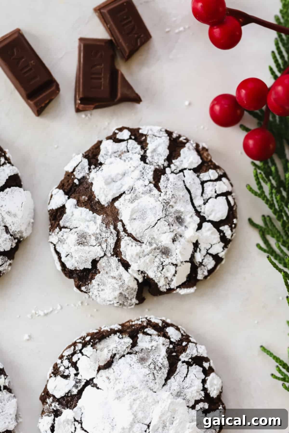 The Most Wonderful Time of Year for Chocolate Crinkle Cookies A plate of freshly baked Chocolate Crinkle Cookies, showcasing their signature powdered sugar coating and festive appearance.
