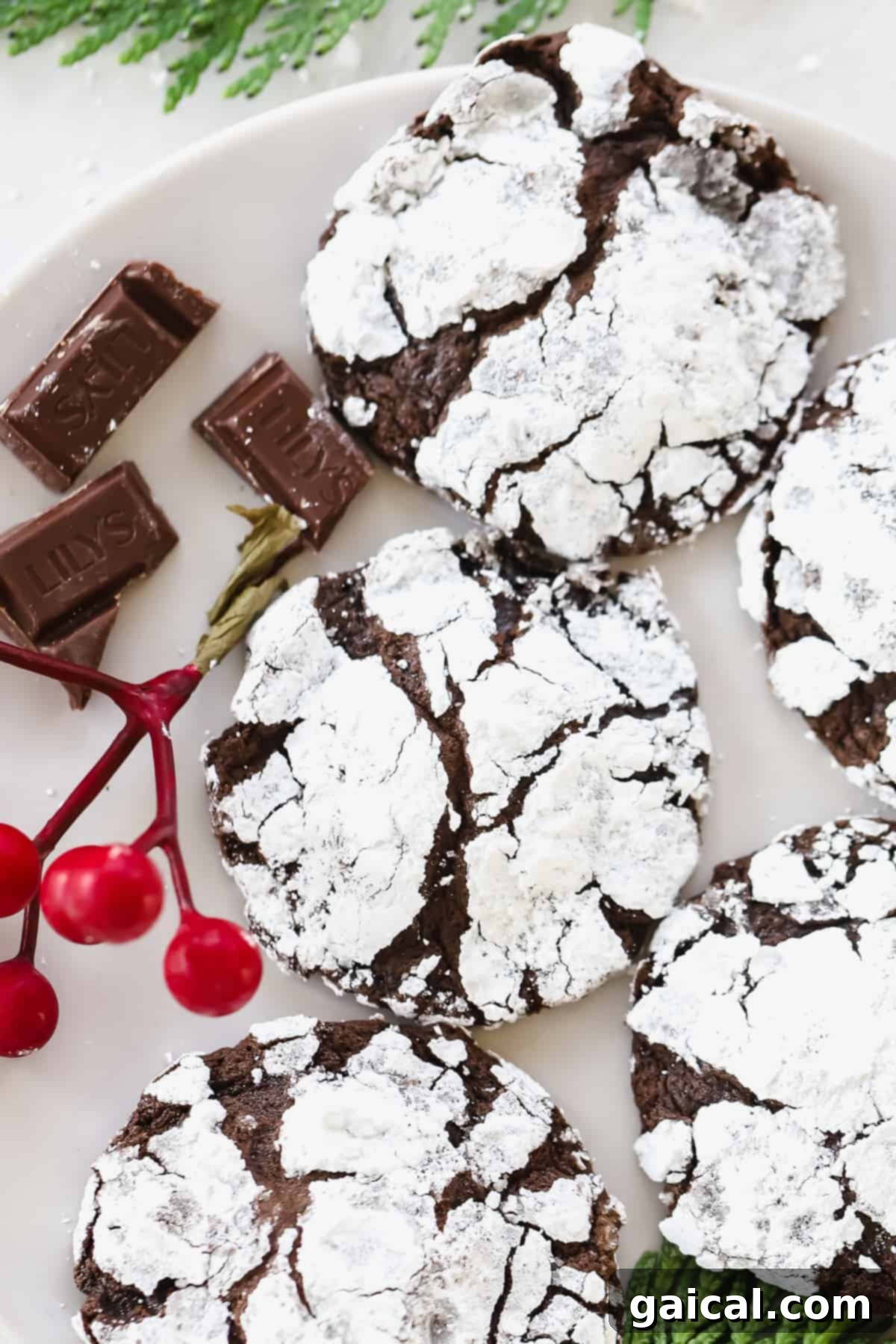 A Decadent Batch of Chocolate Crinkle Cookies A close-up shot of baked Chocolate Crinkle Cookies arranged beautifully on a serving tray on a kitchen countertop.