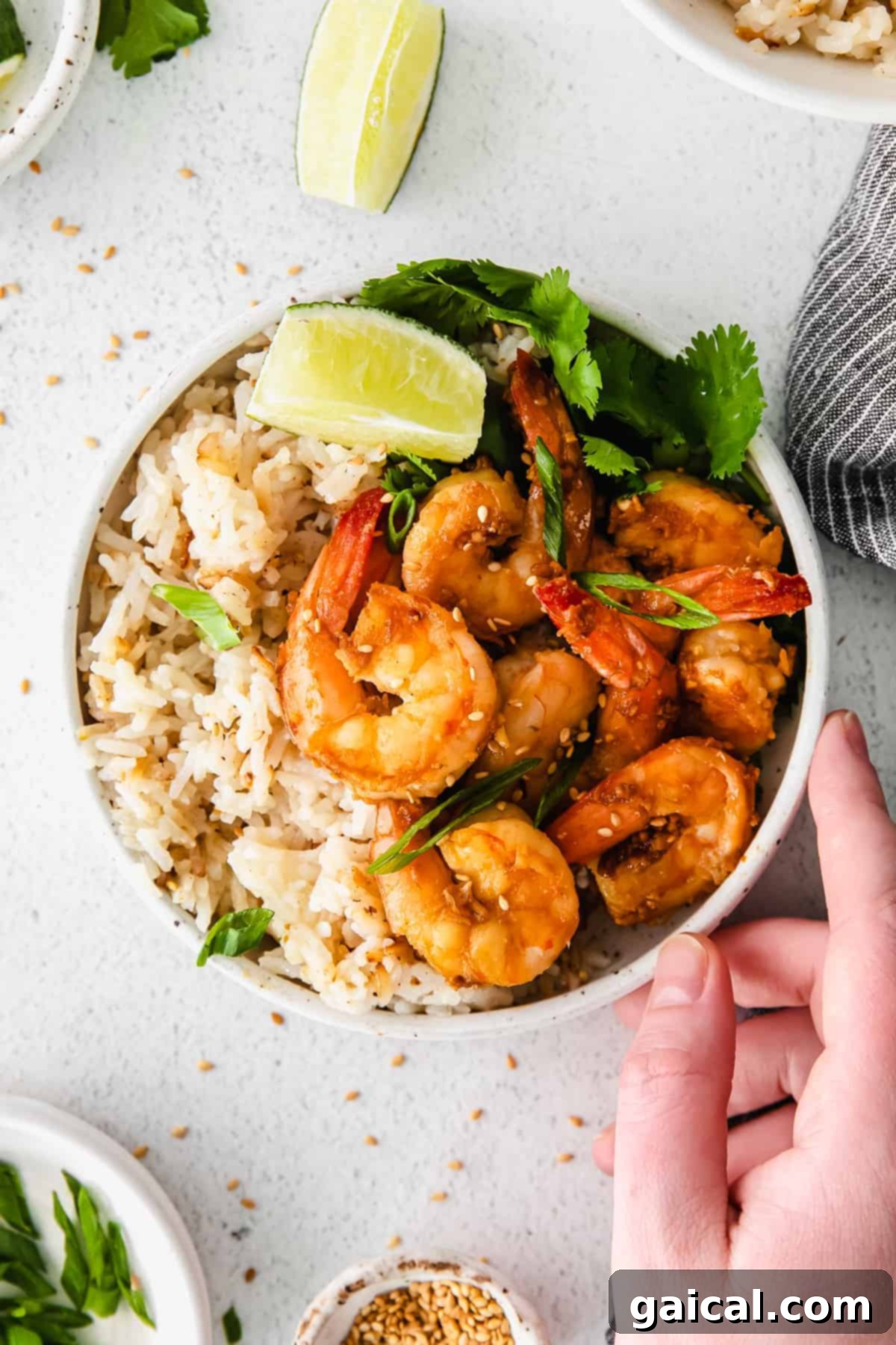 Zesty Lemon Garlic Shrimp 9 A bowl of flavorful sautéed shrimp served alongside fluffy white rice, creating a complete and balanced meal.