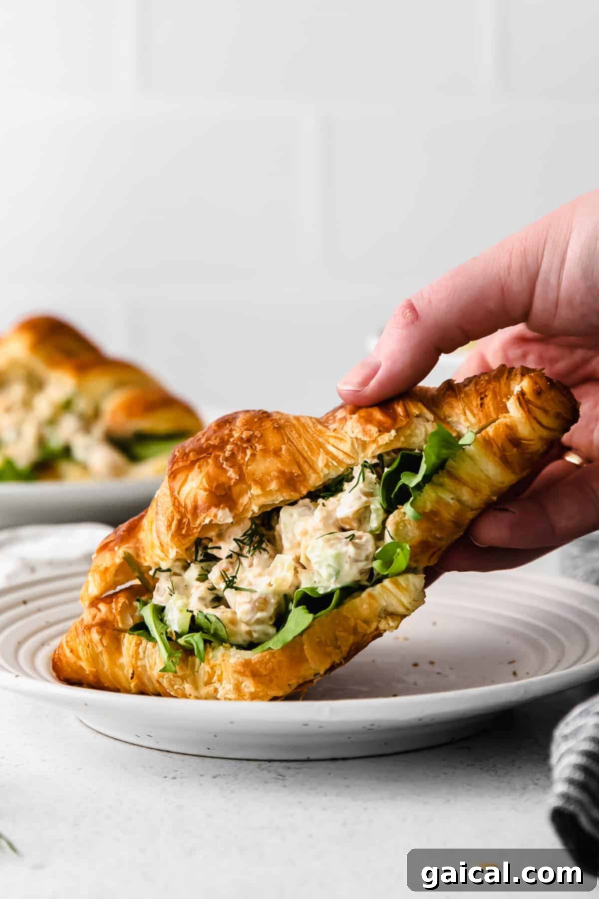 A freshly prepared chickpea salad sandwich on a croissant, beautifully presented.