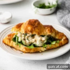 A croissant sandwich with chickpea salad on a plate.