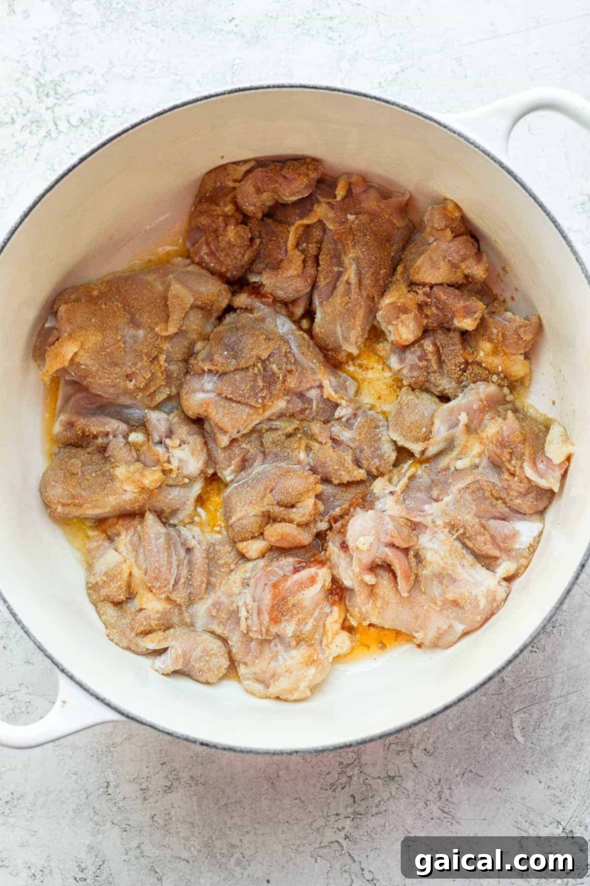 Searing Chicken Thighs for Curry Searing boneless, skinless chicken thighs in a Dutch oven to develop rich flavor and a beautiful golden-brown crust.