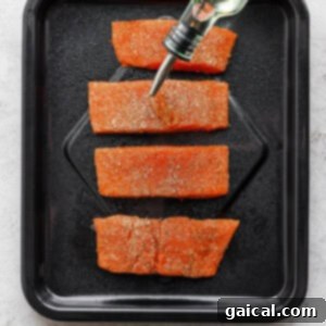 Salmon fillets arranged in an air fryer basket, skin-side down, with olive oil drizzled on top, ready for cooking.