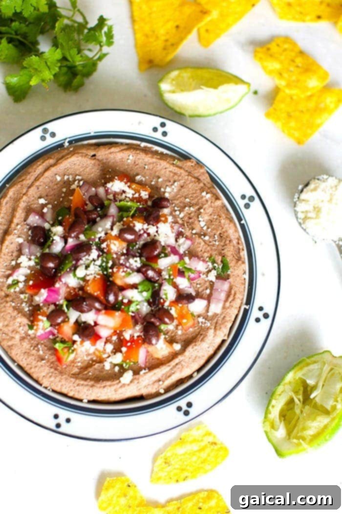 Mexican black bean hummus in a decorative bowl, richly topped with diced tomatoes, red onion, fresh cilantro, and crumbled cotija cheese, ready to be served.