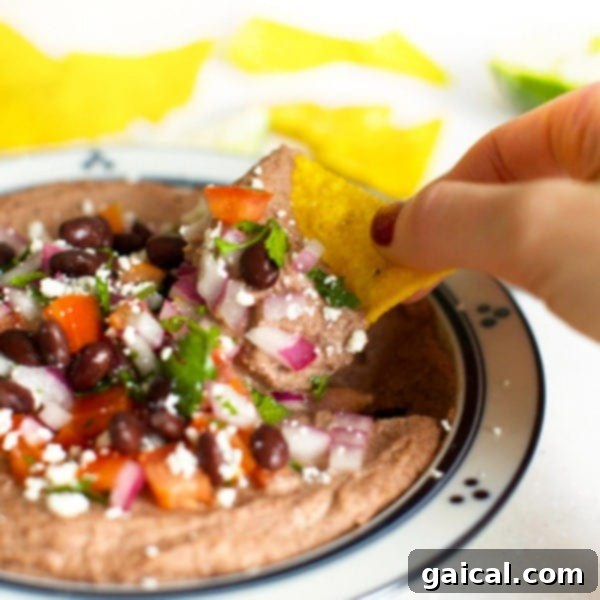 A small square image of the Mexican black bean hummus, perfect for a recipe card thumbnail, showing the vibrant toppings.