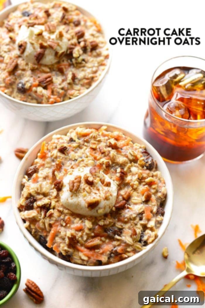 Dreamy Carrot Cake Overnight Oats 2 A vibrant bowl of Carrot Cake Overnight Oats, garnished with pecans and a sprinkle of cinnamon, ready for a healthy and delicious breakfast.