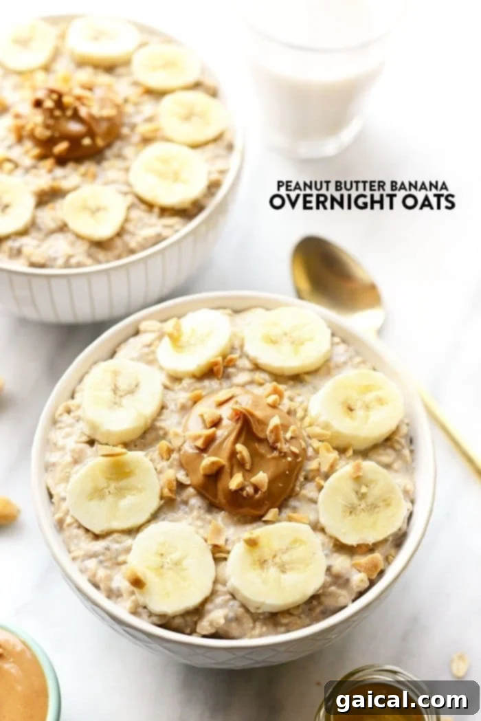 Creamy peanut butter banana overnight oats in a jar, topped with fresh banana slices and a dollop of peanut butter. This high-protein breakfast is ready in under 5 minutes.