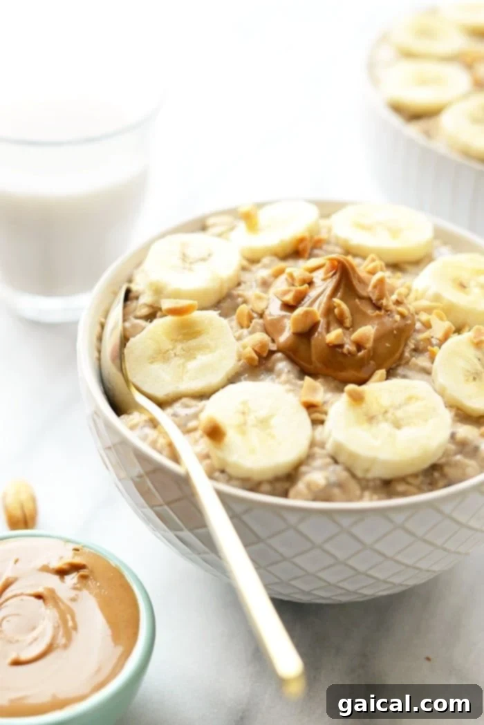 A beautifully arranged serving of peanut butter banana overnight oats in a bowl, garnished with fresh fruit and nuts, highlighting its deliciousness.
