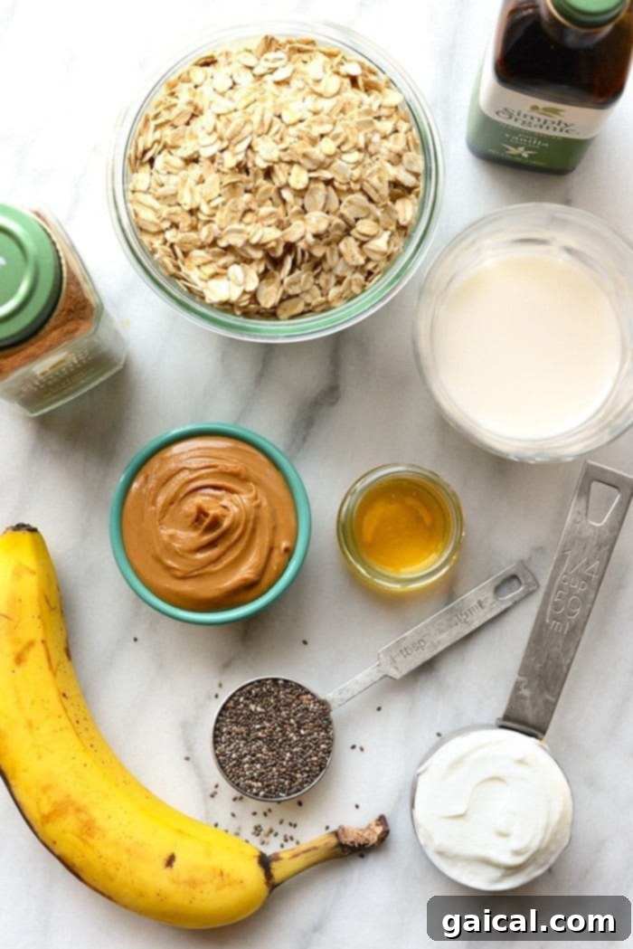 Close-up of the delicious peanut butter banana overnight oats, showcasing their creamy texture and inviting appeal. A perfect high-protein breakfast.