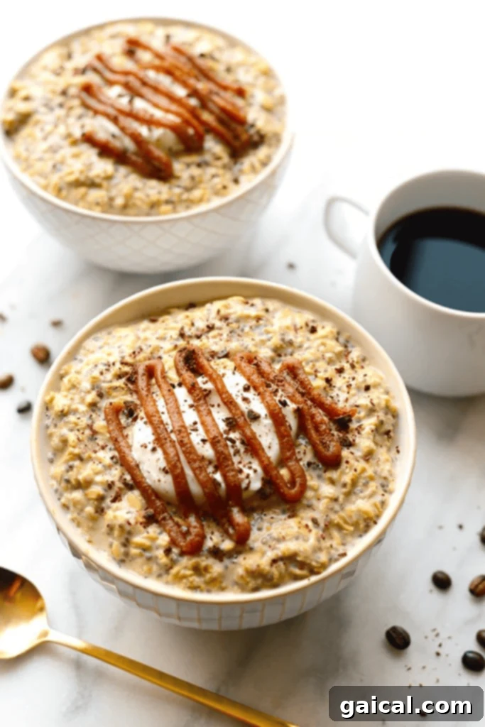 Java Overnight Oats 2 Two bowls of coffee overnight oats with caramel sauce.