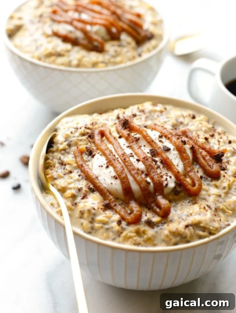 Java Overnight Oats 5 Two bowls of Coffee Overnight Oats with caramel sauce and coffee.