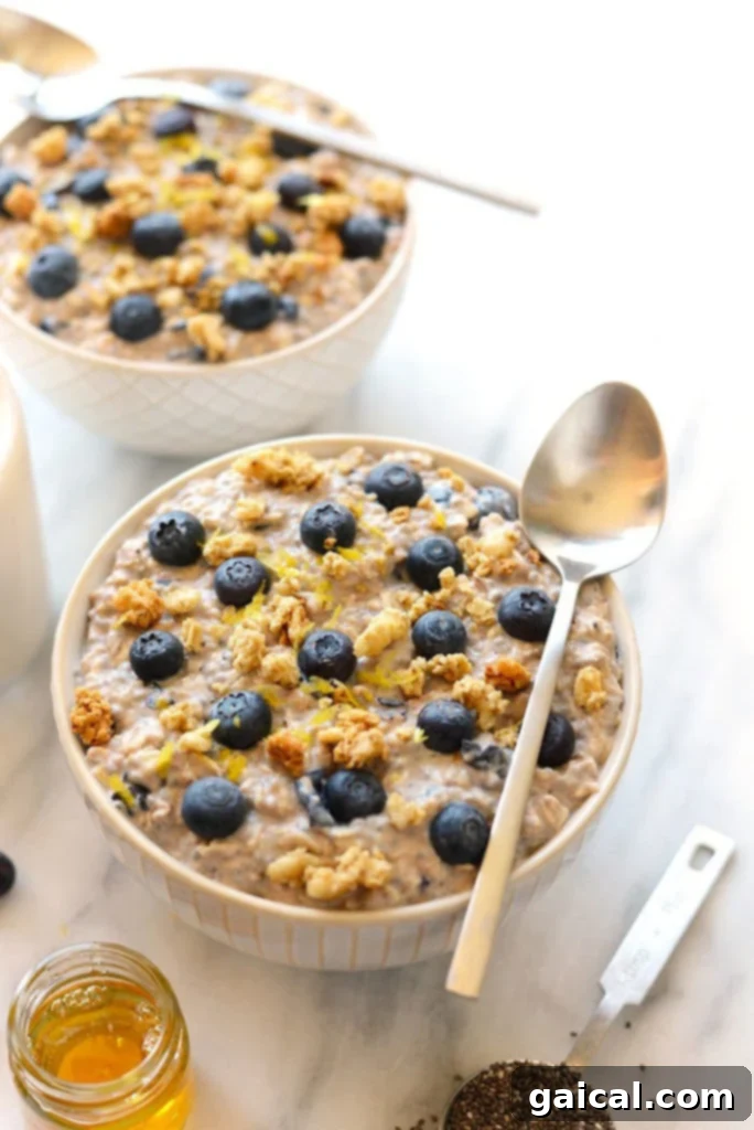 Delicious & Healthy Blueberry Overnight Oats for a Quick Breakfast A bowl of creamy blueberry overnight oats topped with fresh blueberries and lemon zest, ready for a healthy breakfast.