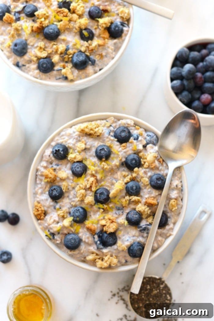 Creamy Blueberry Overnight Oats Ready to Serve A beautifully composed bowl of blueberry overnight oats, garnished with fresh blueberries and a sprinkle of lemon zest, ready to be enjoyed as a wholesome breakfast.