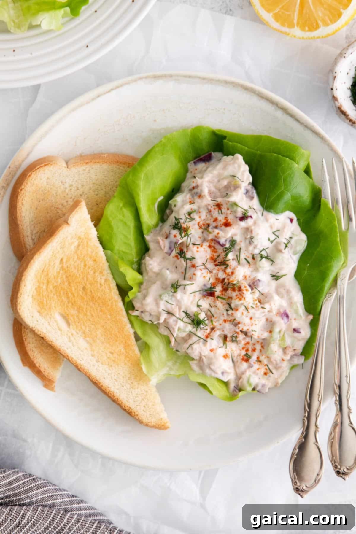 Freshly prepared tuna salad on a bed of crisp bib lettuce, ready to be enjoyed as a healthy and quick meal.