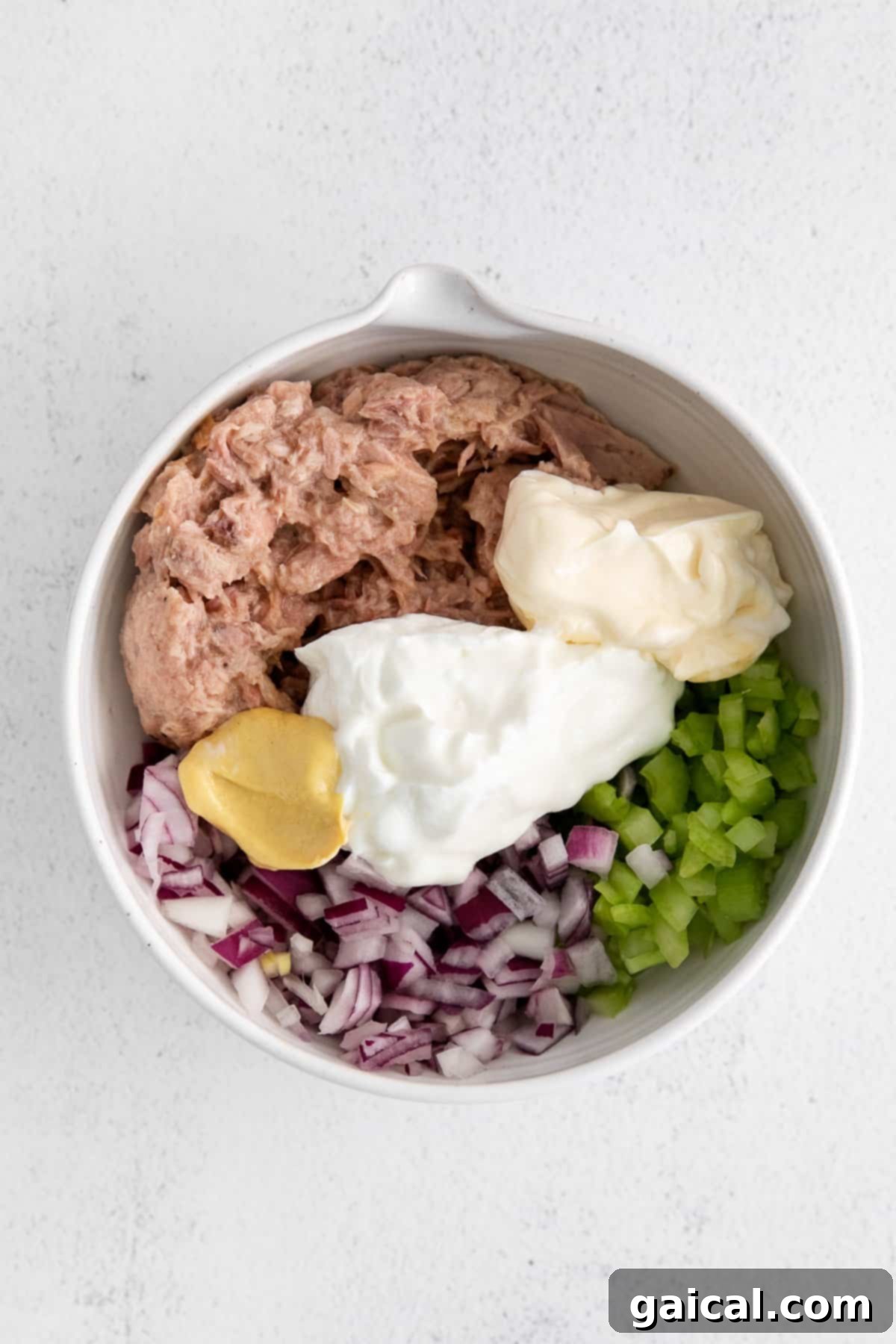 A bowl of creamy, freshly mixed healthy tuna salad, beautifully garnished with a sprinkle of paprika and vibrant fresh dill.