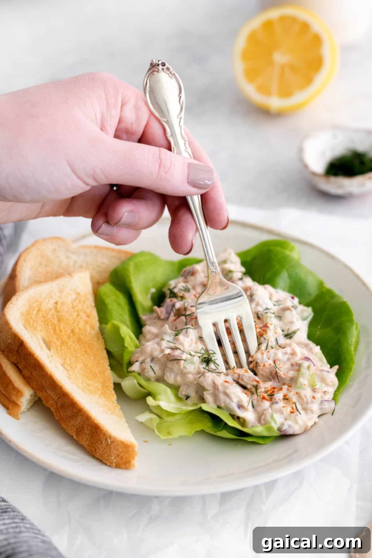 A fork holding a perfect bite of healthy tuna salad, showcasing its creamy texture and fresh ingredients, inviting you to taste.