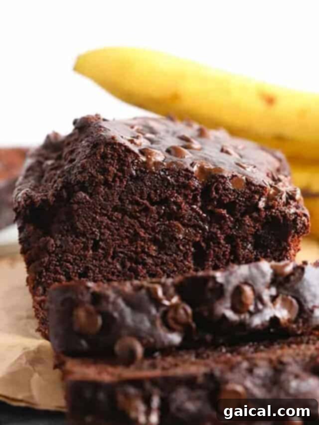 Close-up shot of a thick slice of chocolate chocolate chip banana bread, showing its moist texture and abundant chocolate chips.