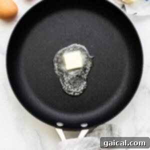 A pad of butter melting and sizzling in a hot non-stick pan.
