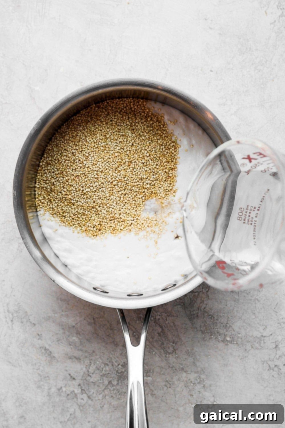 Tropical Coconut Quinoa 3 Uncooked quinoa and creamy full-fat coconut milk being combined in a saucepan, signaling the start of a delightful cooking process.