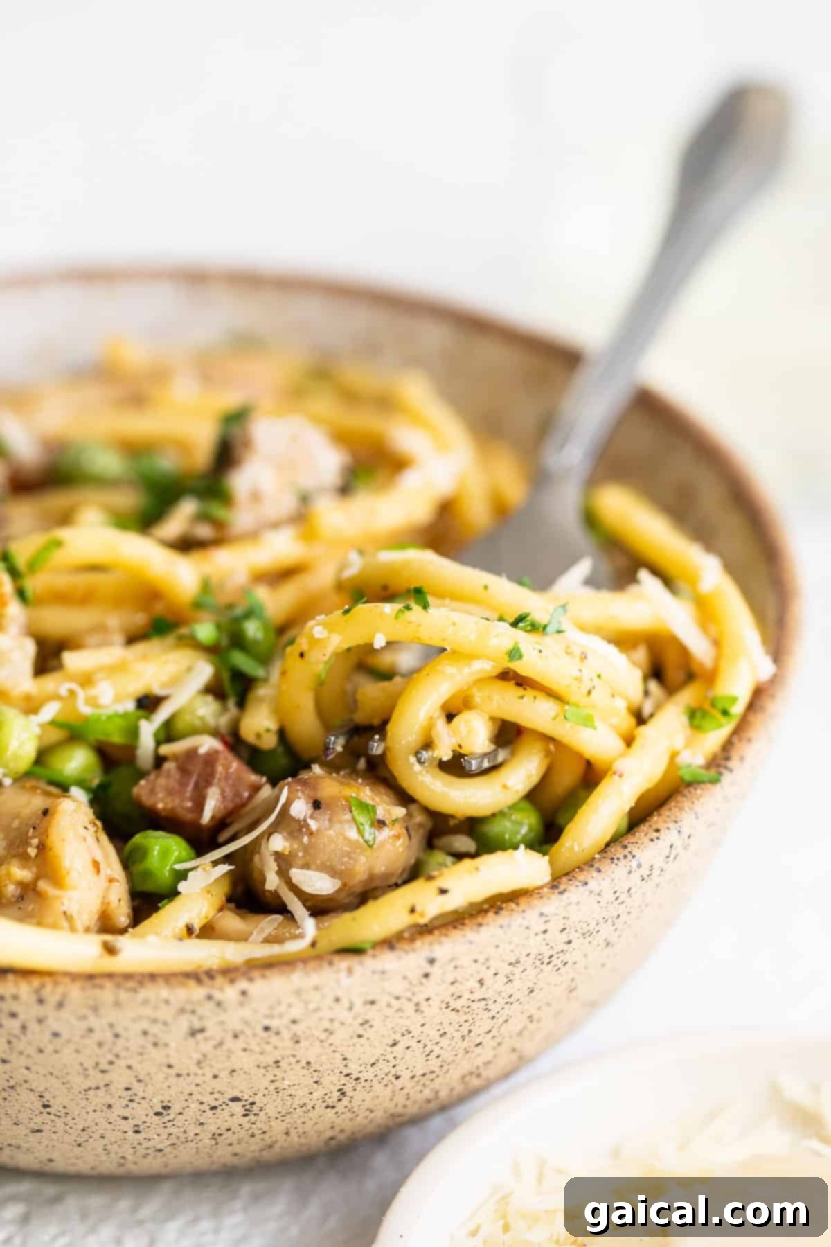 A bowl of creamy chicken carbonara, ready to eat.