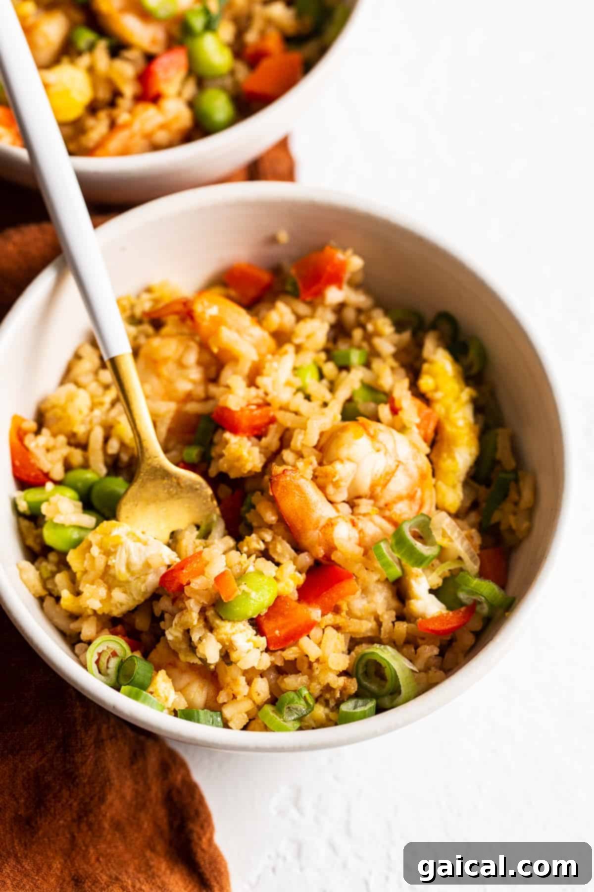 Quick & Easy Homemade Shrimp Fried Rice Recipe Delicious homemade shrimp fried rice served in a white bowl, garnished with fresh green onions.