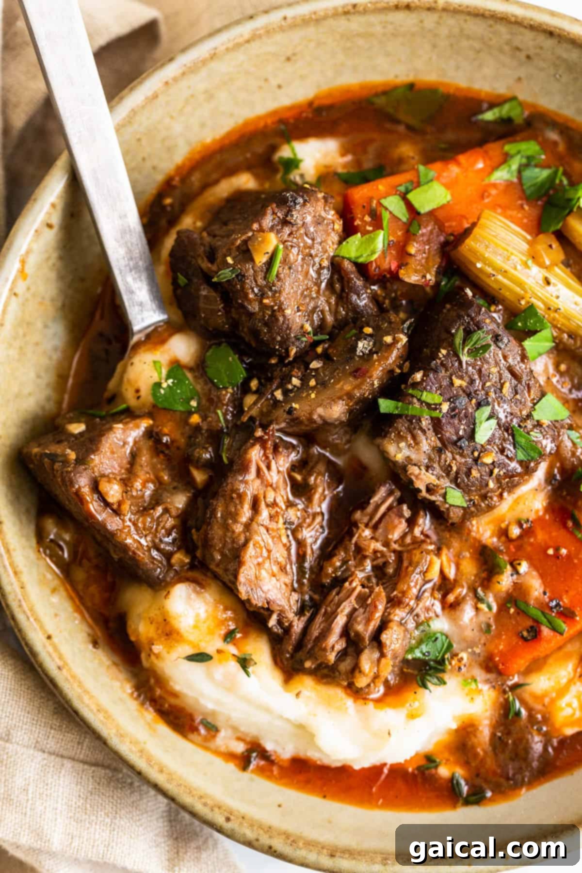 A generous serving of Guinness beef stew ladled over creamy mashed potatoes in a bowl.