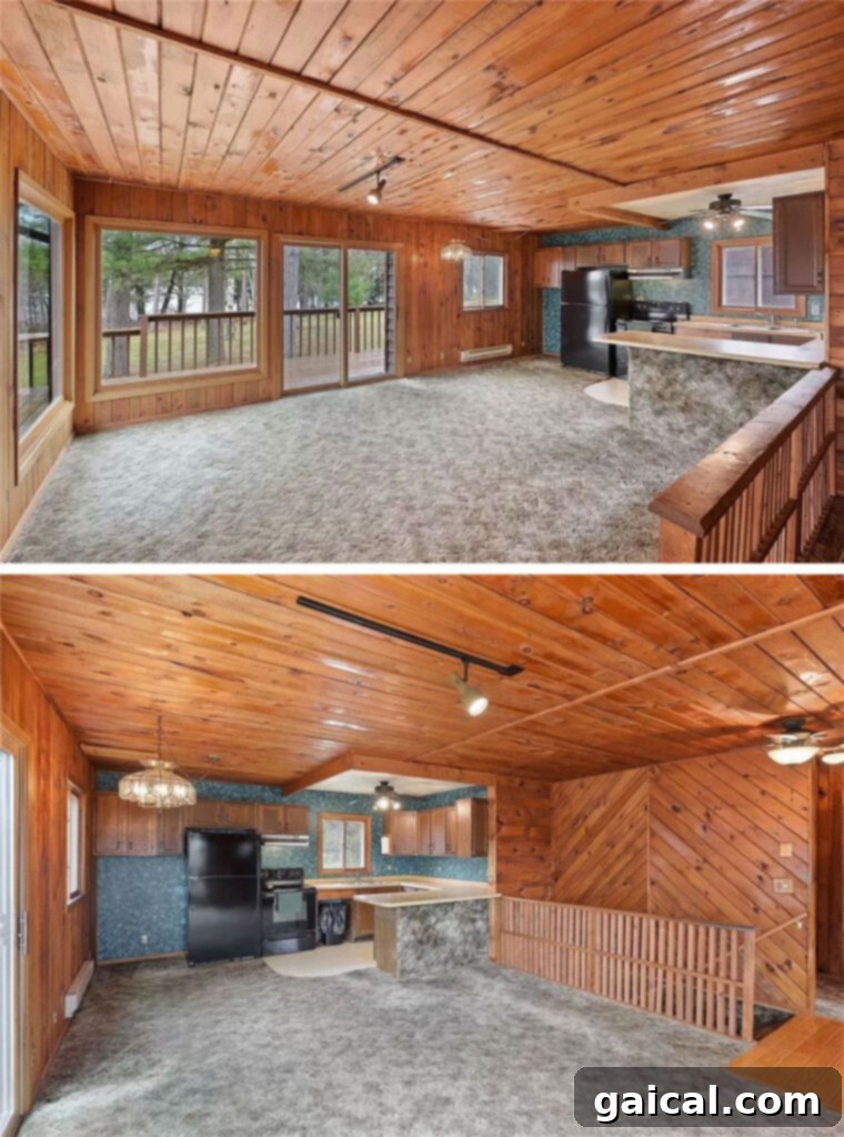 Before photo of old cabin kitchen with carpet