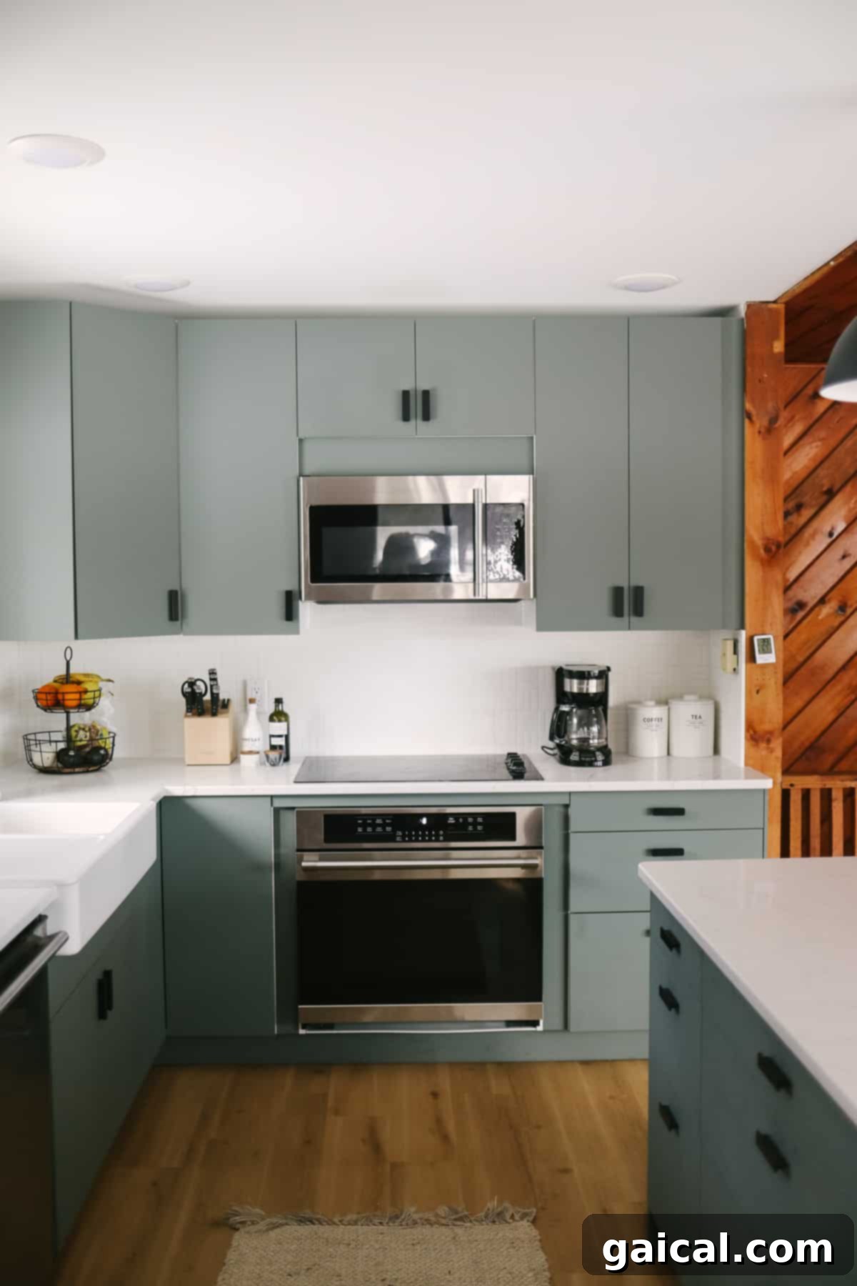 Photo of microwave and stove in Scandinavian Modern IKEA kitchen