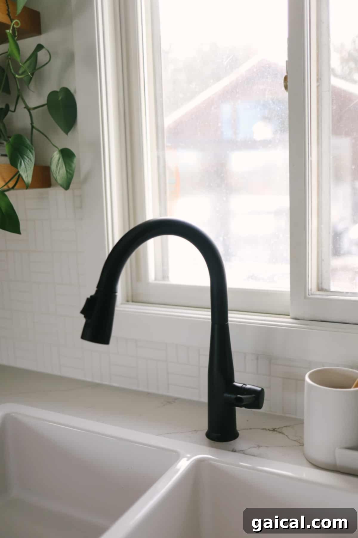 Matte black Delta Essa faucet in a white farmhouse sink