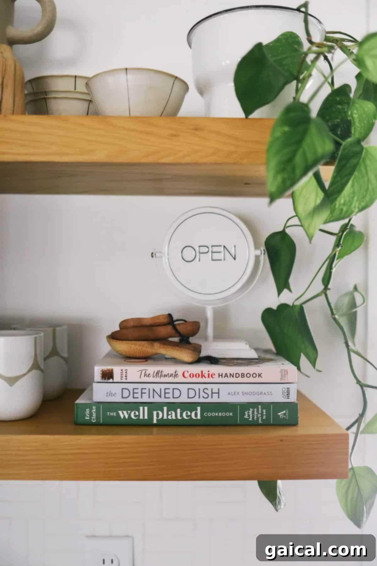 White oak floating shelves in Scandinavian Modern kitchen